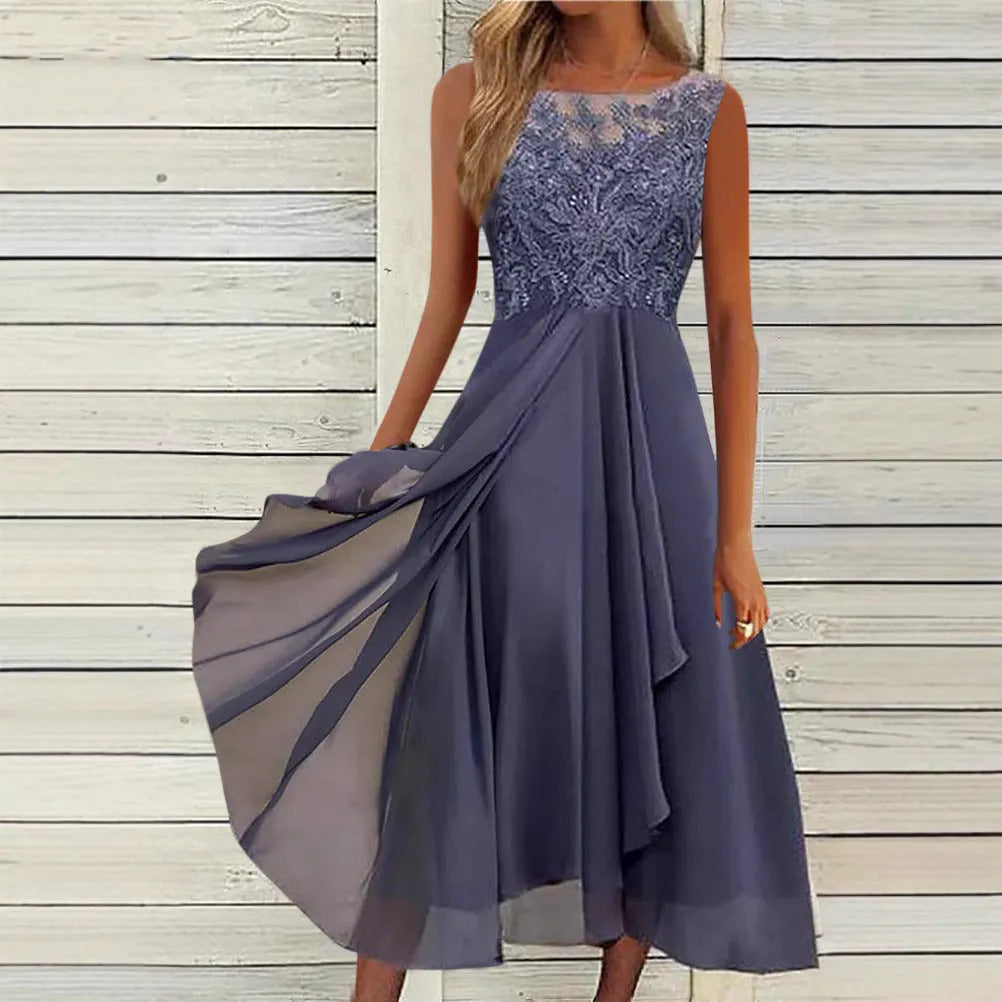 Women's sleeveless chiffon dress with lace stitching detail in midi length