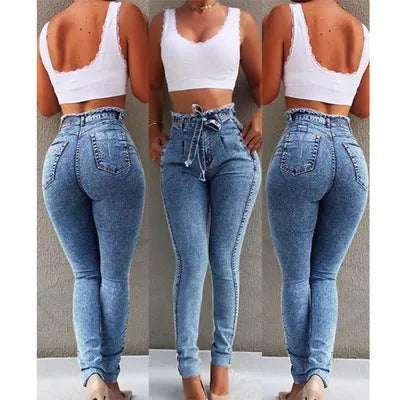 Women's fringed jeans in cowboy fabric, shown in grey, dark blue, and light blue colour options.