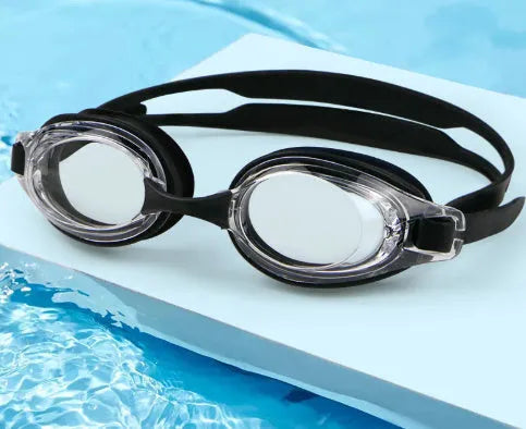 Black frame prescription swimming goggles for myopia with anti-fog lenses and a storage case.