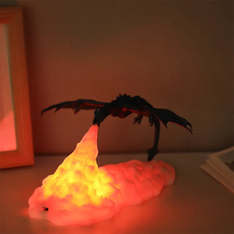 3D printed dragon-shaped night light with glowing red breathing LED effect on a table