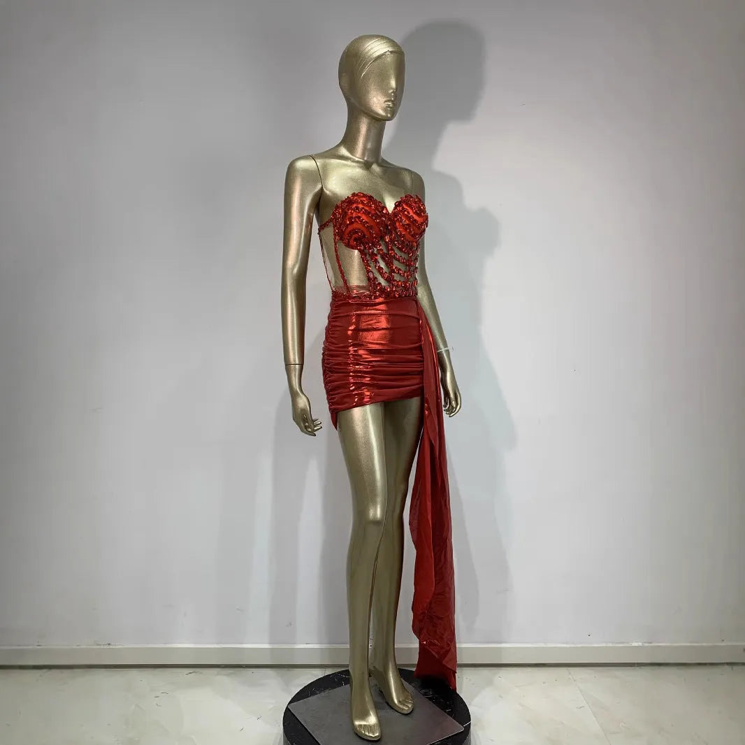 Red hollow mesh see-through women's skirt suit for stage and banquet events