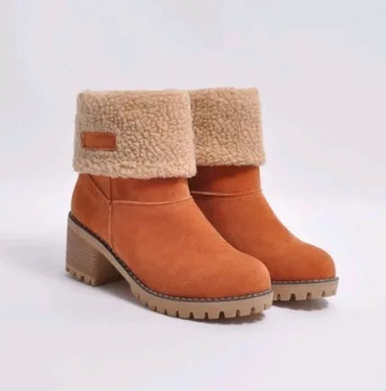 Mid-tube thick heel suede snow boots with round head and flat heel in black gray green khaki orange