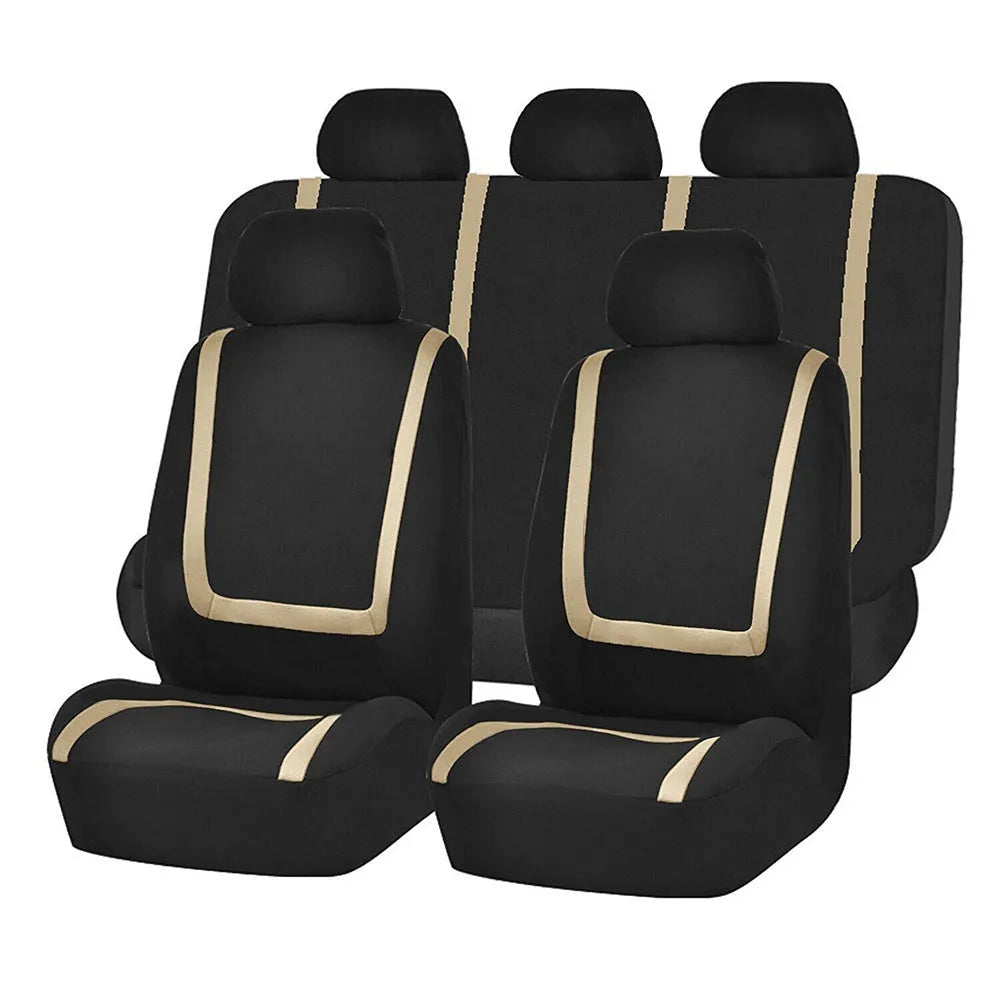 Fully enclosed universal car seat cover set in fabric material, showing headrest and seat panels.