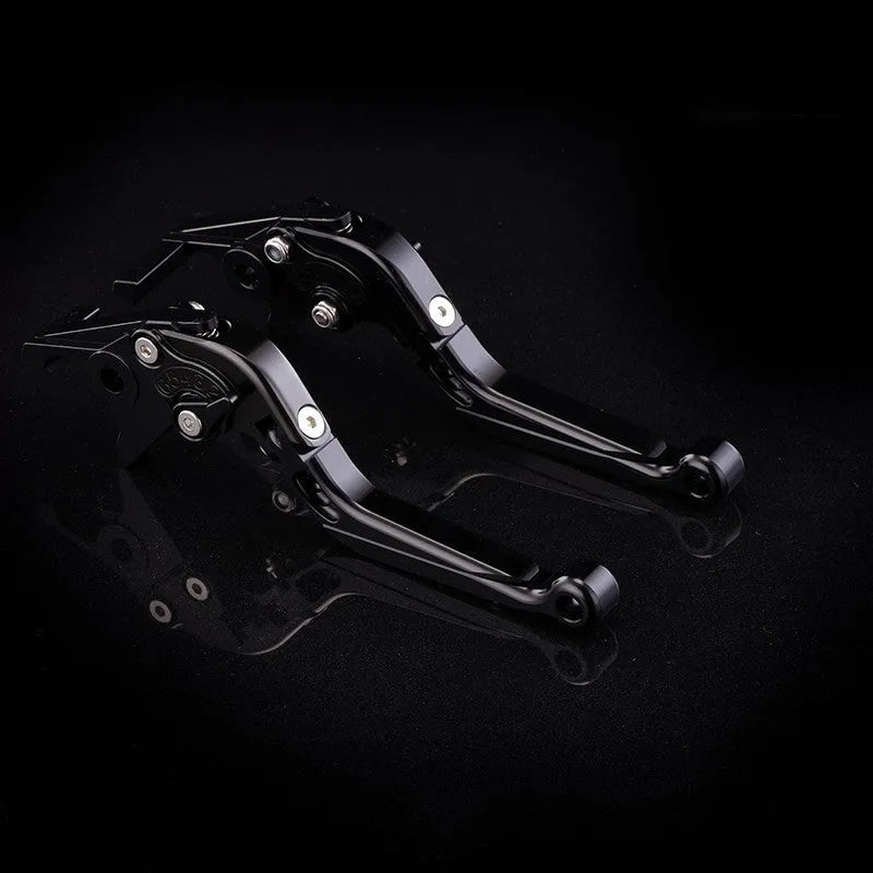 Pair of anodised metal motorcycle brake and clutch levers with adjustable length mechanism