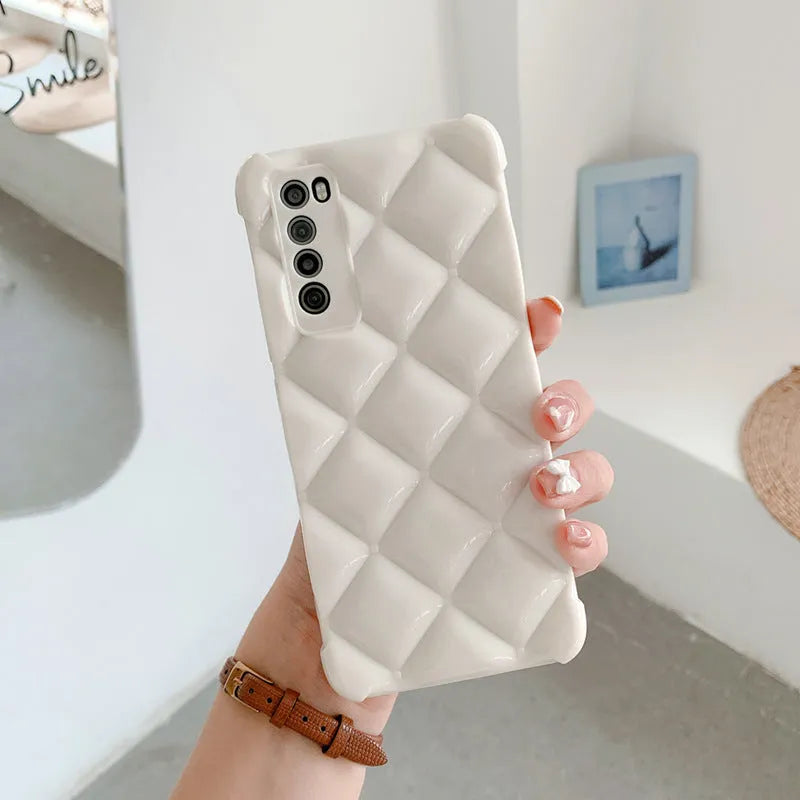 Silicone diamond pattern phone case for Huawei models in black, green, pink or white.