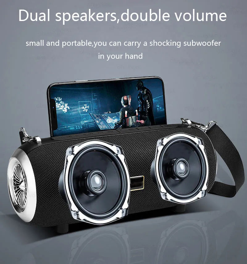 F666 mini square fabric portable Bluetooth speaker with shoulder strap and retractable FM antenna.