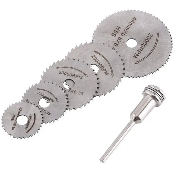 Set of six small circular high-speed steel saw blades and a mandrel on a white background