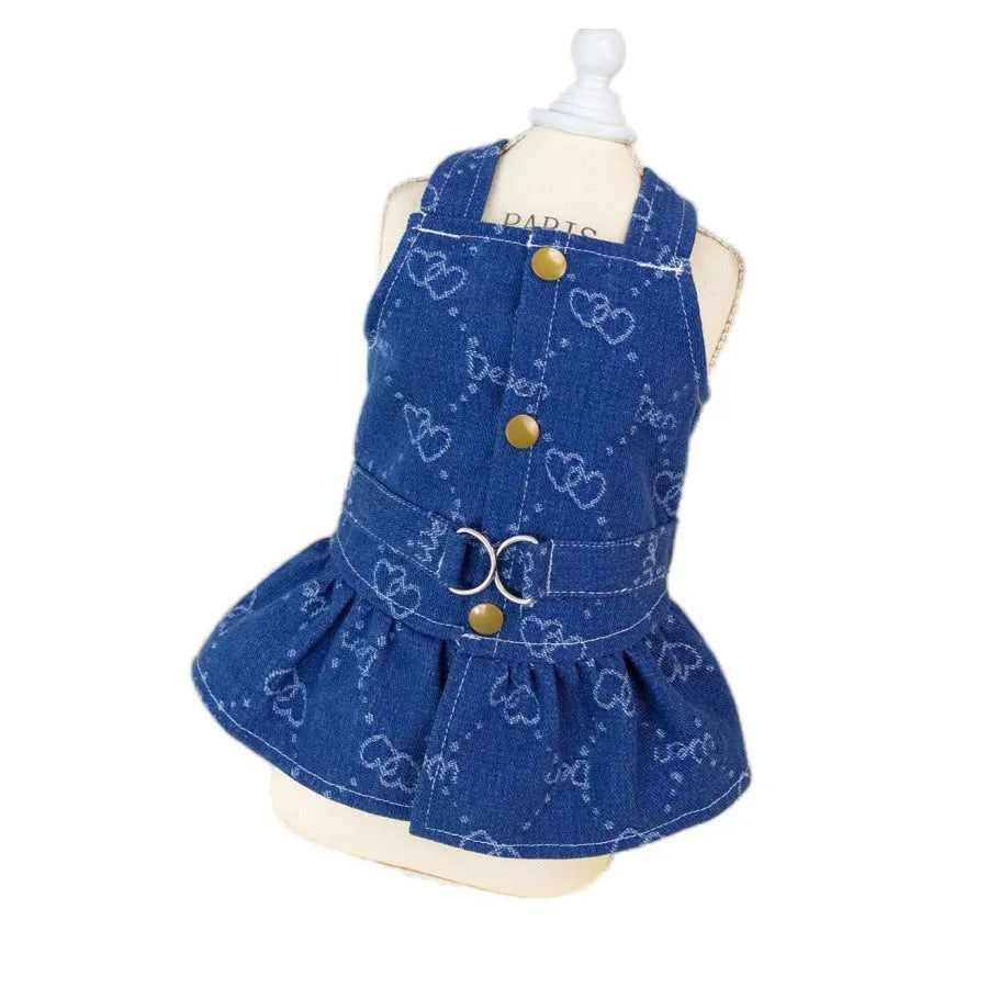 Denim princess dress for small dogs in bracket-skirt style on mannequin