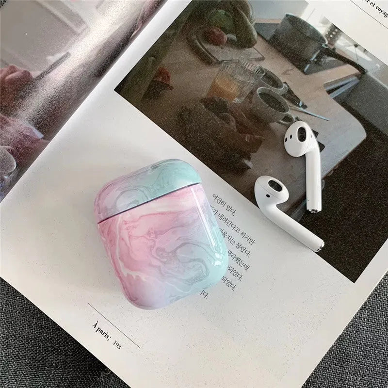 White marble patterned hard PC protective case compatible with Apple Airpods 1 and 2 charging box