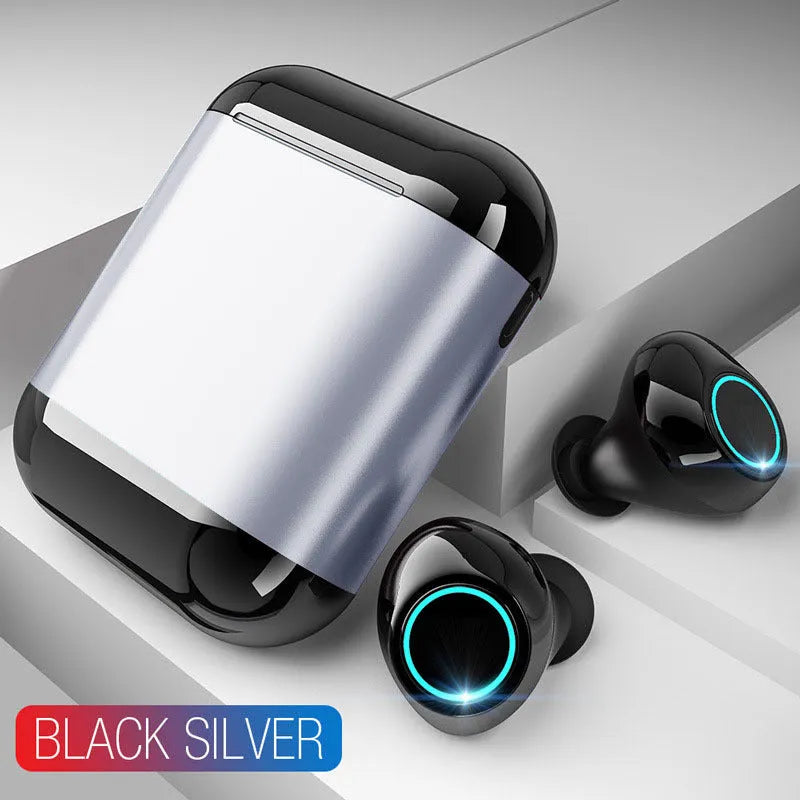 TWS wireless Bluetooth headset with charging case in Black, Gold, and Light Grey colour options