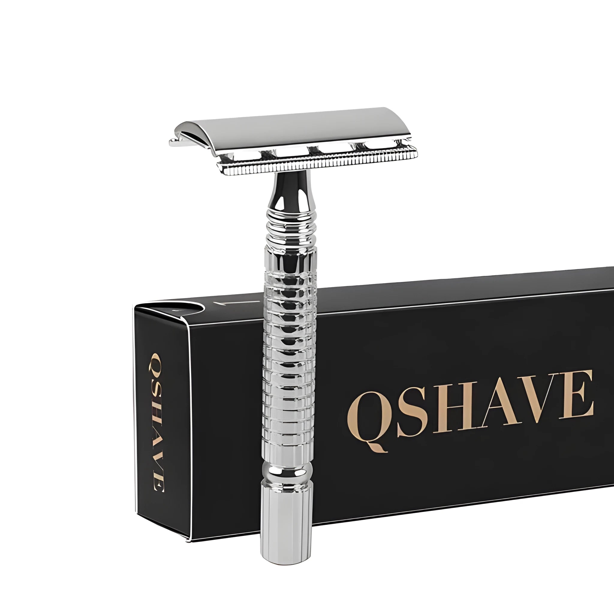 Chrome double-edged safety razor with spare blade and storage box