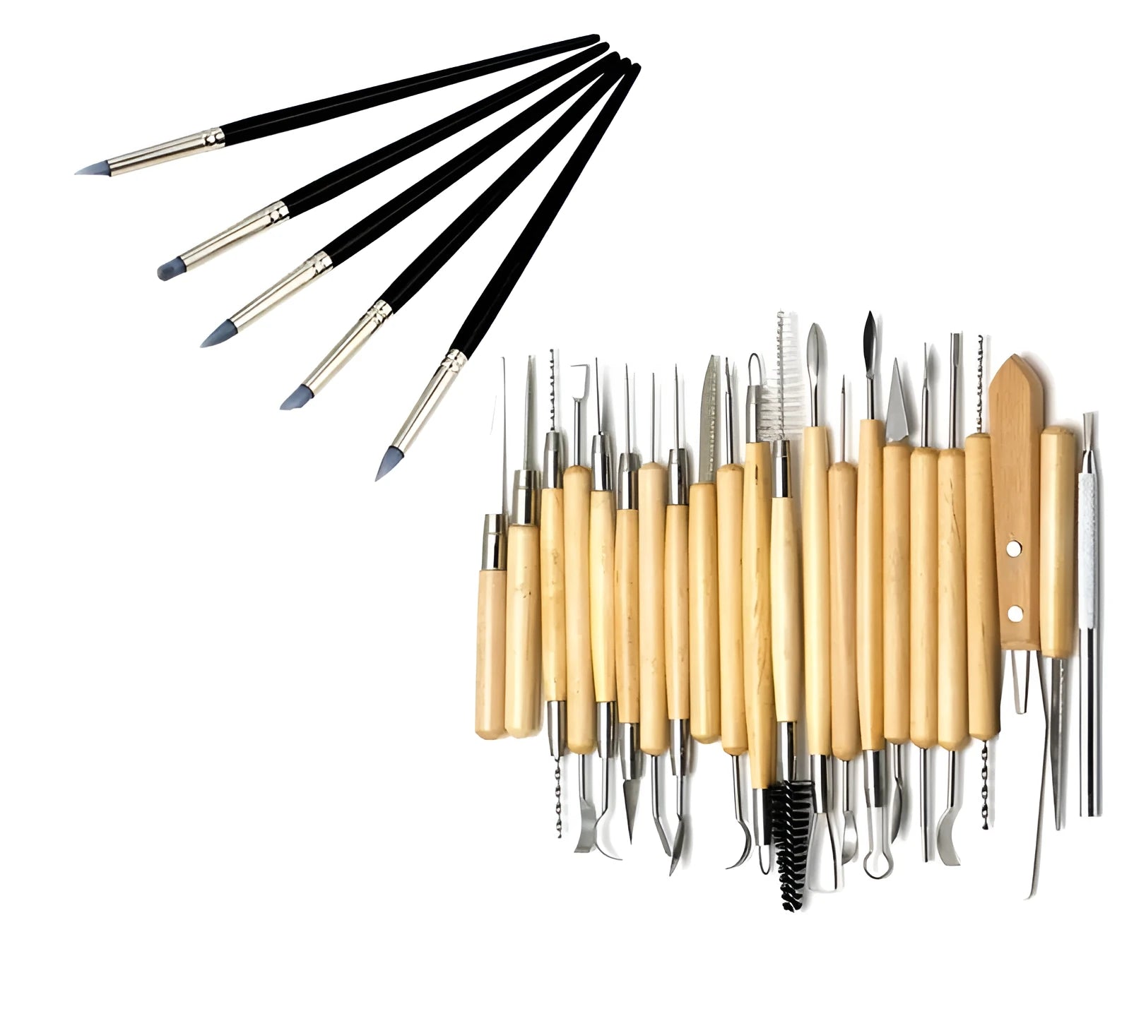 27-piece brown pottery clay tool set with wood, steel, and plastic tools in an OPP storage bag