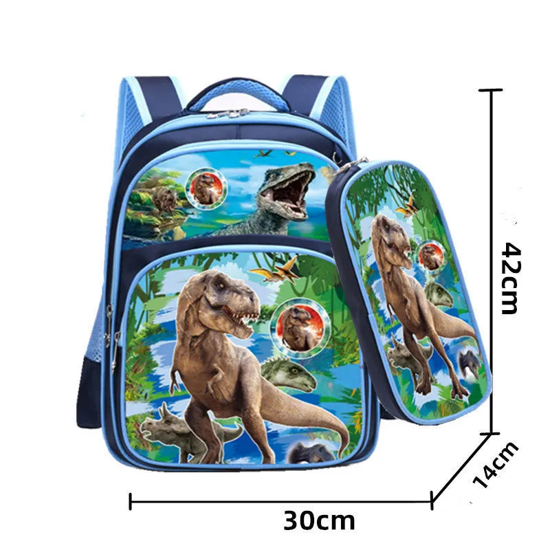 Blue cartoon anime nylon school backpack for children with pencil case, shown with dimensions 30x14x42cm.