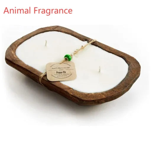 Lavender soy wax candle in wooden basin container with three wicks