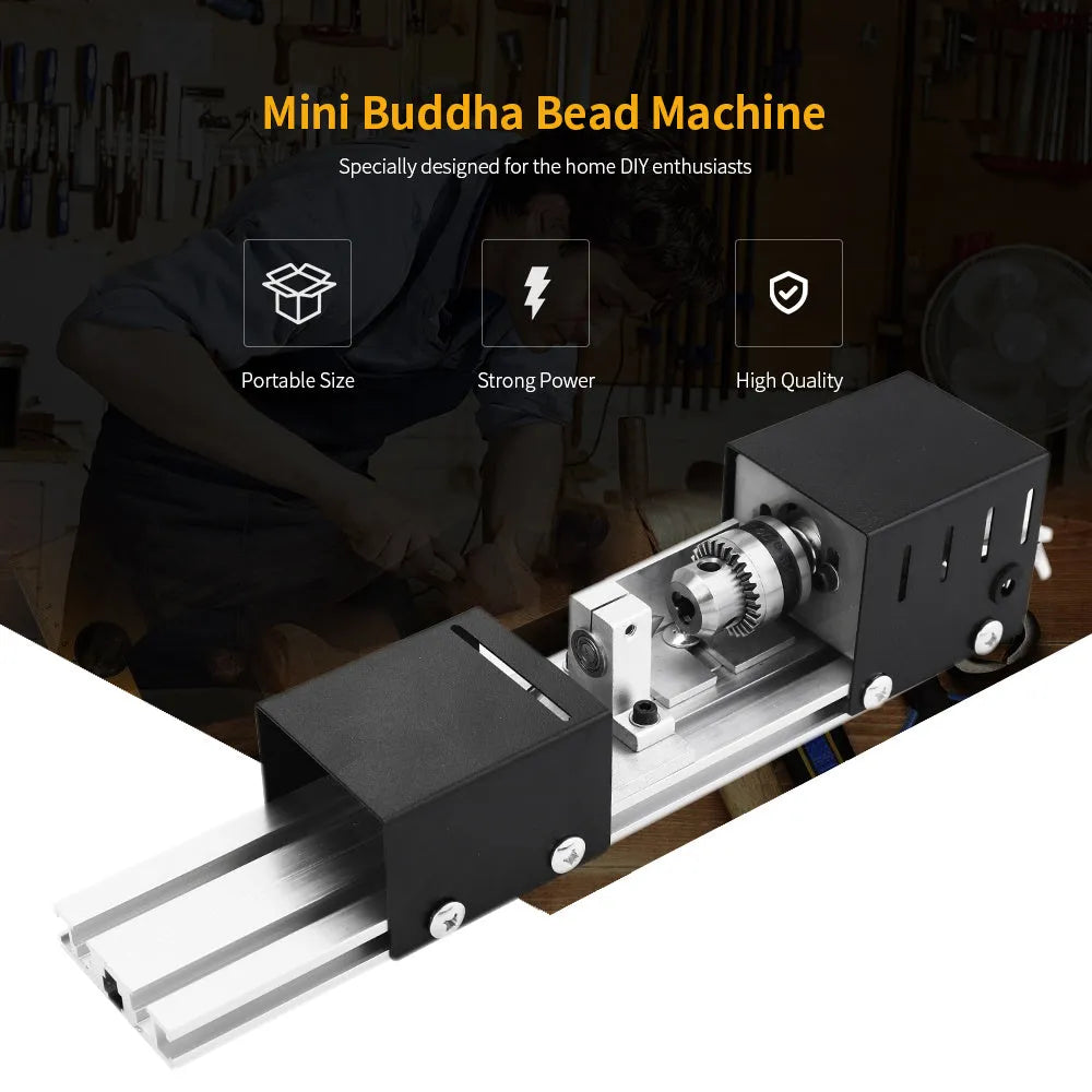 Silver metal mini woodworking lathe with carving knives on a workbench