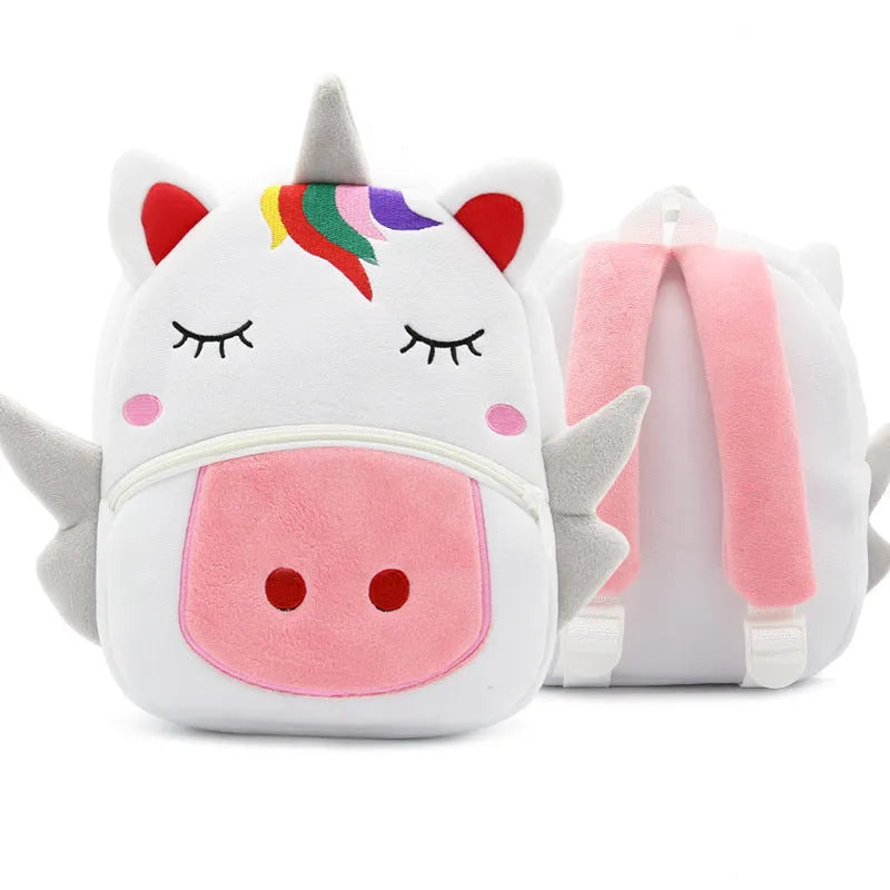 Soft plush children's backpack with cartoon animal design, showing zippered main compartment.