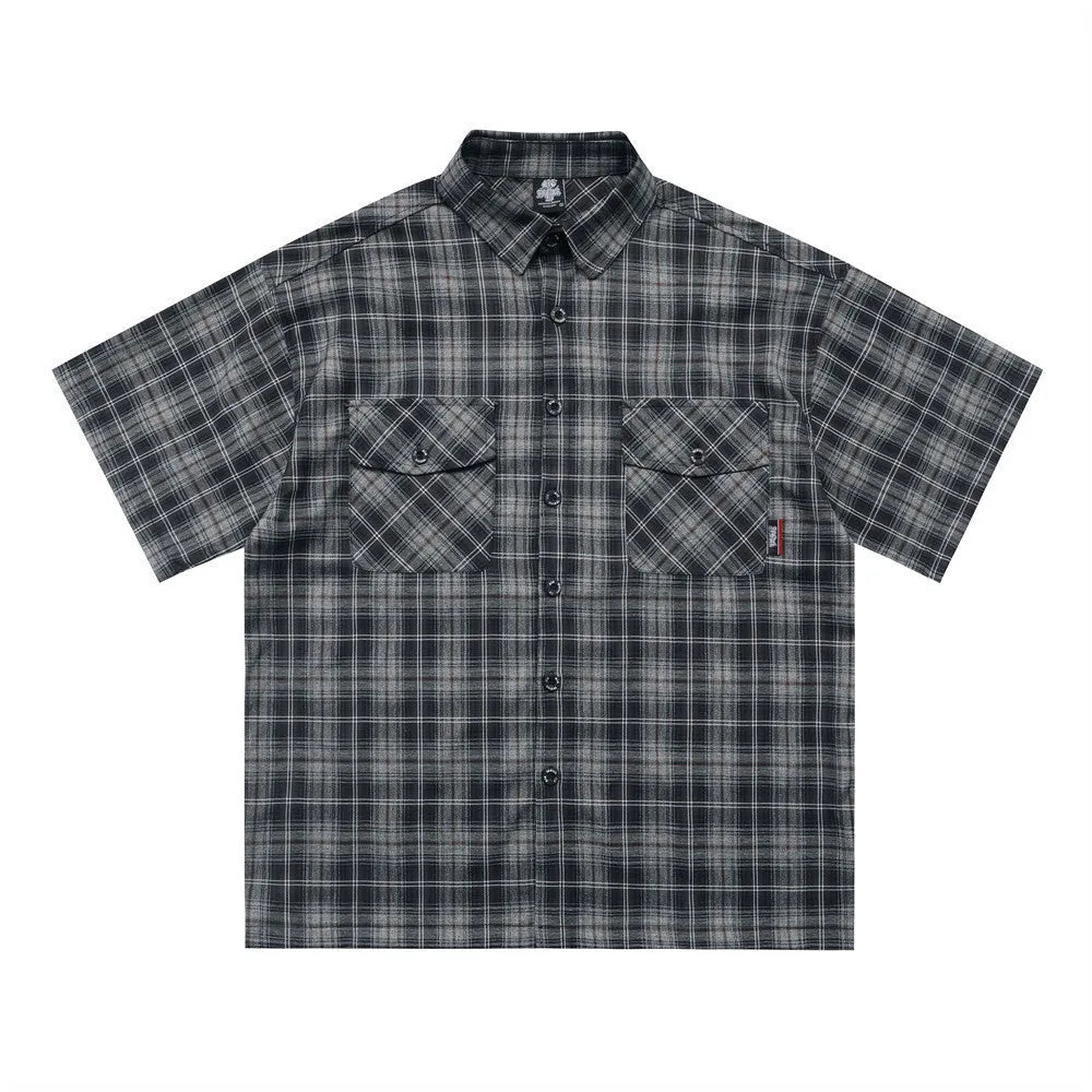 Men's black and brown embroidered plaid short sleeve shirt with lapel collar