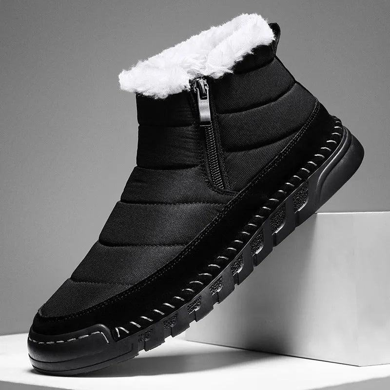 Men's plus size snow boots in black with round toe, flat heel and rubber sole