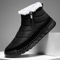 Men's plus size snow boots in black with round toe, flat heel and rubber sole