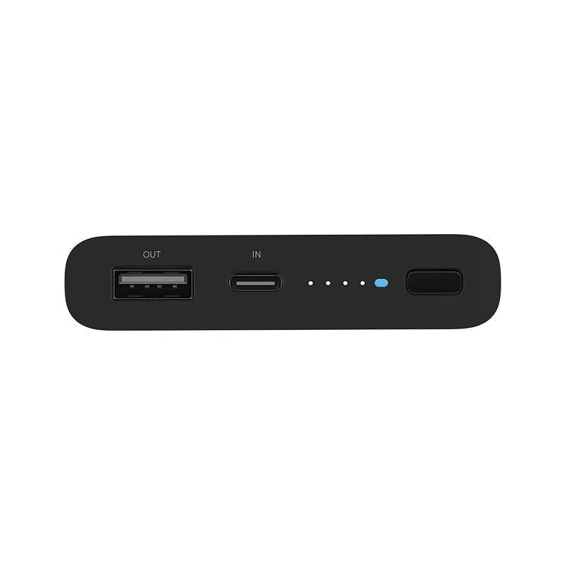 White and black 10000mAh power bank with USB Type-C port and wireless charging surface.