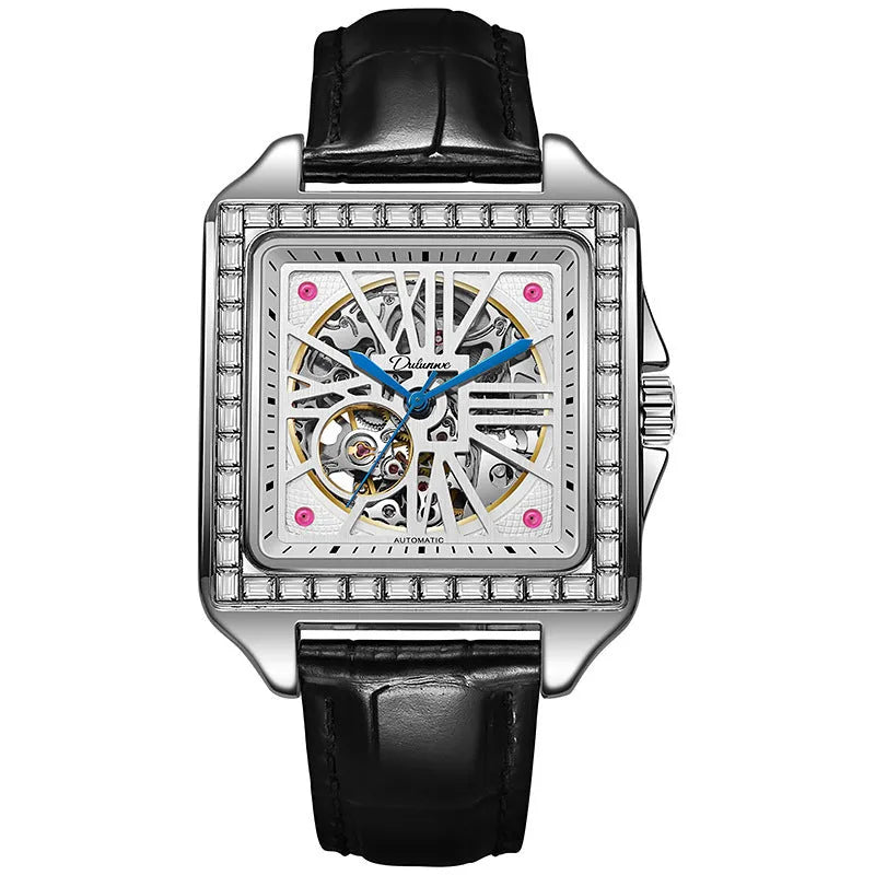 Men's square automatic watch with diamond-studded bezel on steel or leather strap