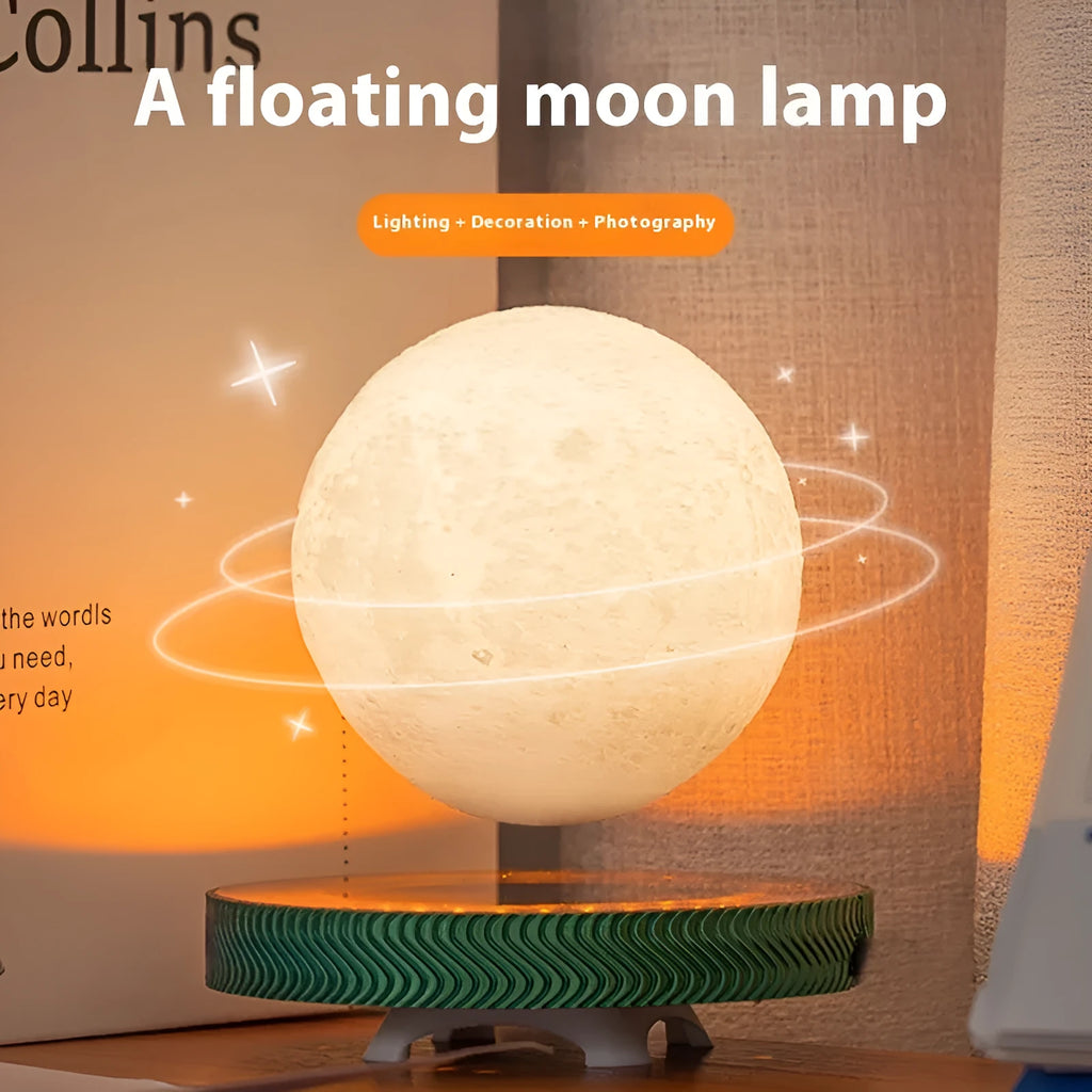 Magnetic suspension moon night lamp with 3D printed design floating above surface