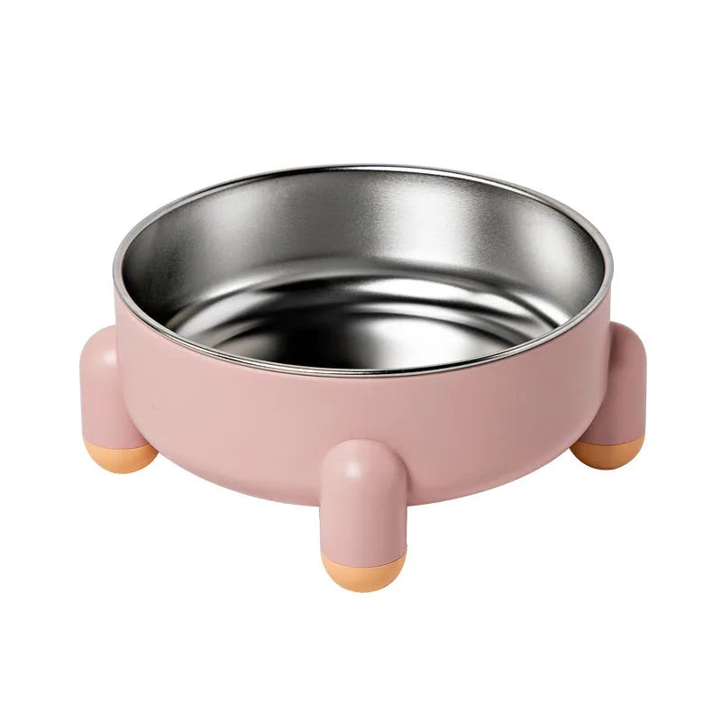 Stainless steel pet food bowl with non-slip base in pink, white and green colours