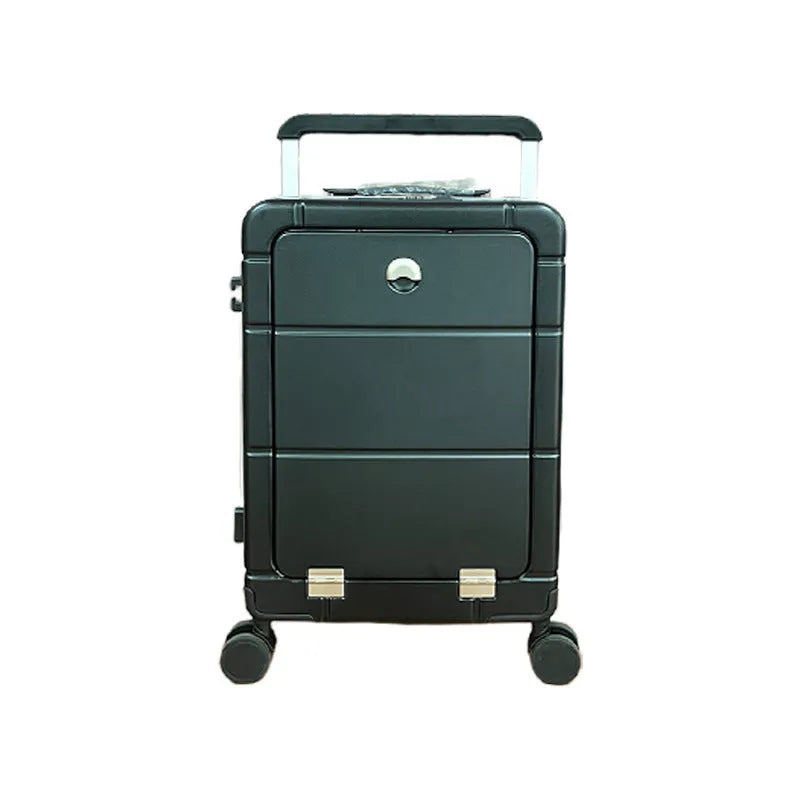 20 inch front opening suitcase with dry wet separation, ABS PC hardshell, cup holder and universal wheels in black