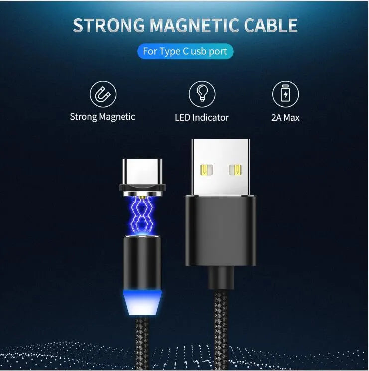 Black magnetic charging cable with LED light and aluminium connectors showing magnetic tip attachment