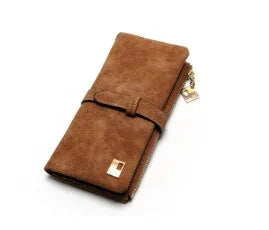 Vertical long wallet in retro matte PU leather with zip closure, shown open to reveal card slots and phone pocket.
