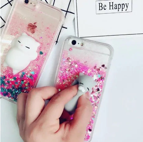 Four cat-themed glitter phone cases for iPhone models with bright colours