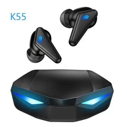 Blue Private Model K55 wireless Bluetooth gaming earbuds with earplug design.