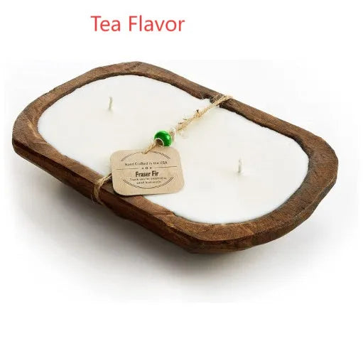 Lavender soy wax candle in wooden basin container with three wicks
