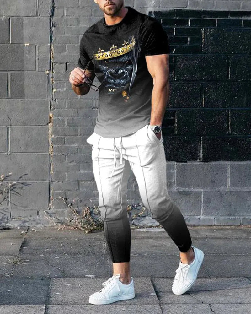 Men's short-sleeved pullover and trouser set in chemical fibre blend fabric for sports