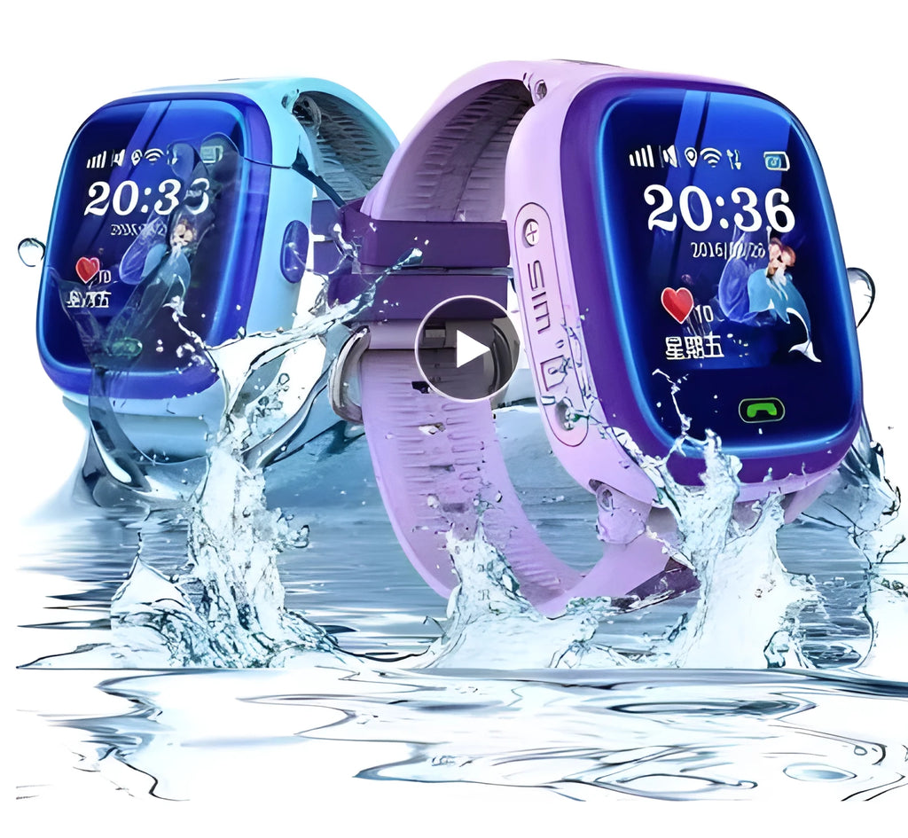 Blue children's waterproof smart watch with touch screen display and silicone wristband showing SOS button