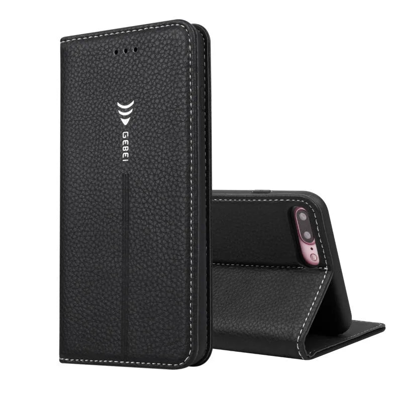 Black PU leather wallet case for iPhone showing card slots
