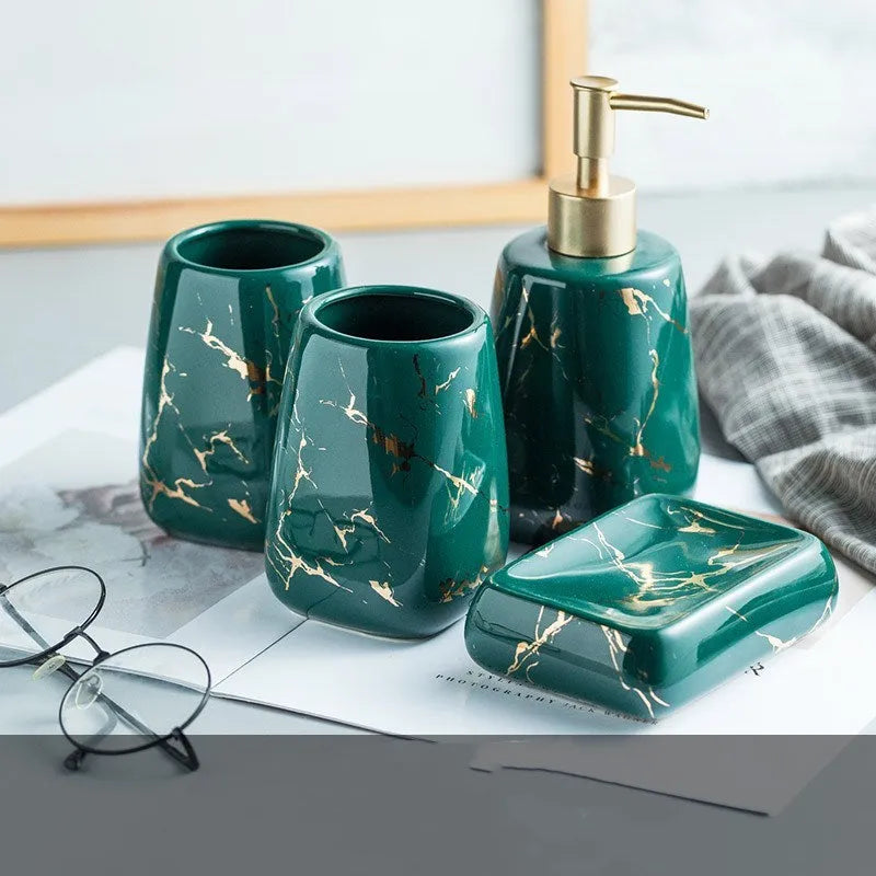 Ceramic bathroom wash set in light luxury style with decal process finish available in black blue or white