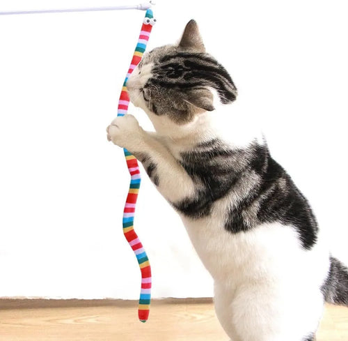 Cat wand toy with long plush strip teaser on a polycarbonate pole, shown in vibrant colours