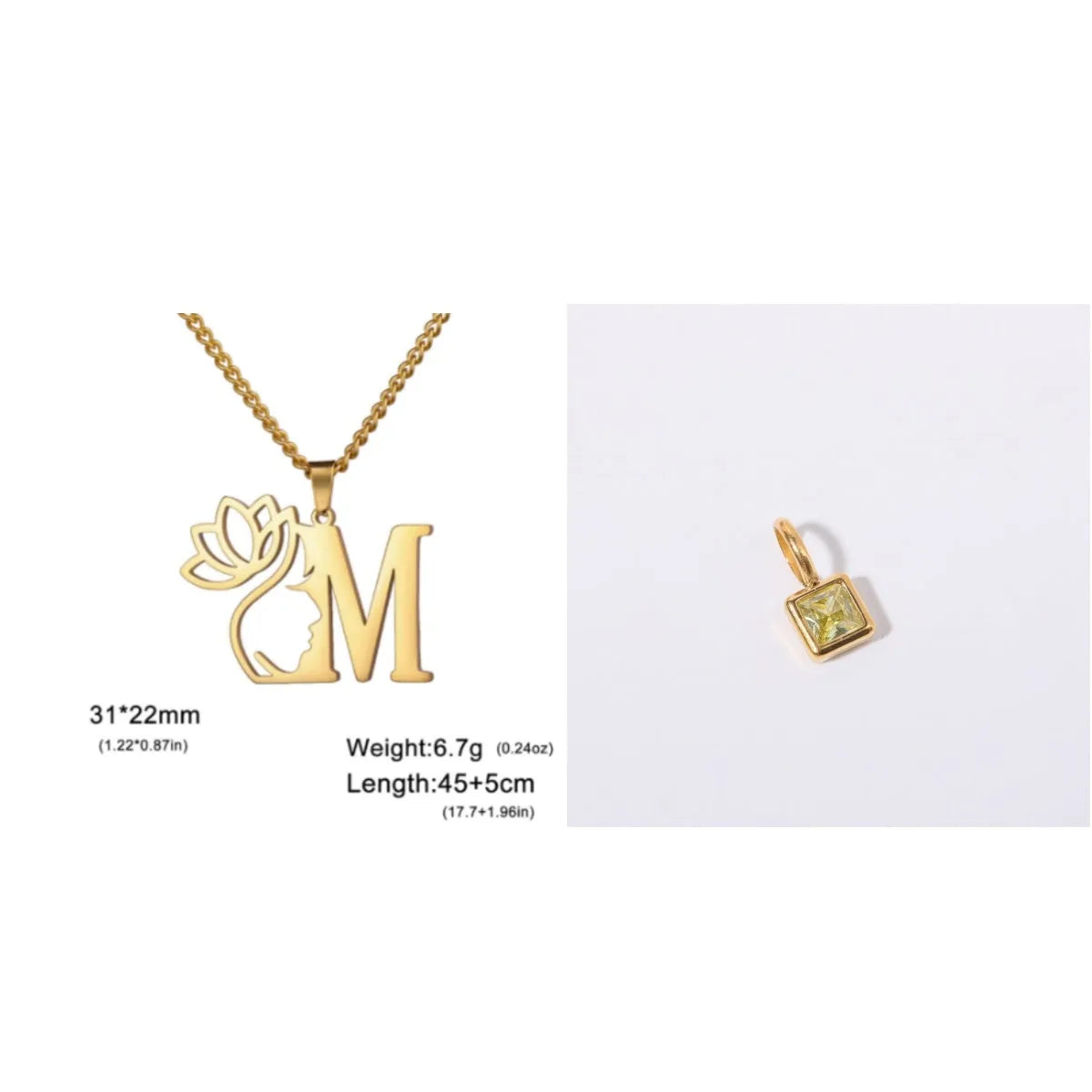 Stainless steel necklace with cross chain and a single letter pendant in gold or silver finish.