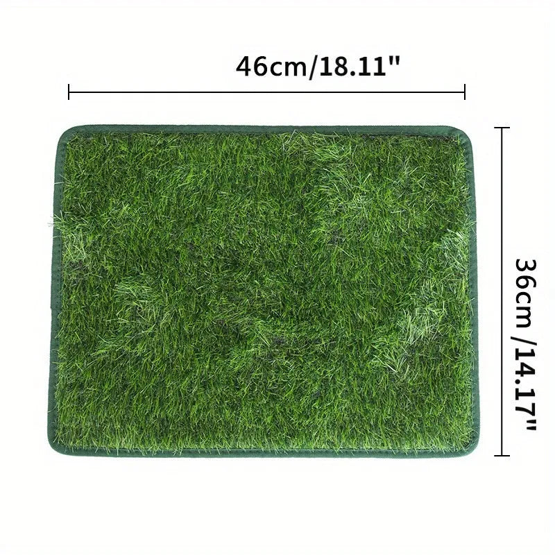 Artificial grass dog toilet training mat on floor with three size options shown