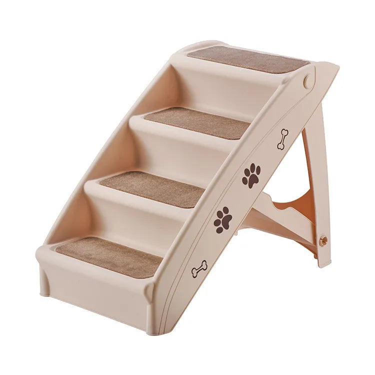 Foldable grey plastic pet stairs for small dogs and cats on a carpeted floor.
