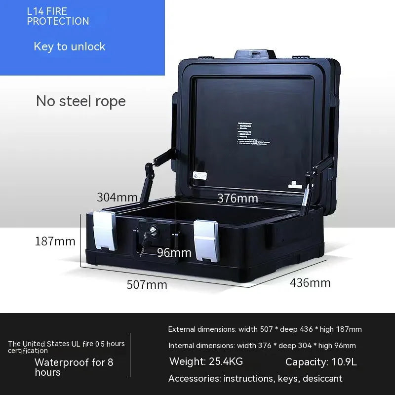 L12 model portable small password safe made of steel with a mechanical combination lock.