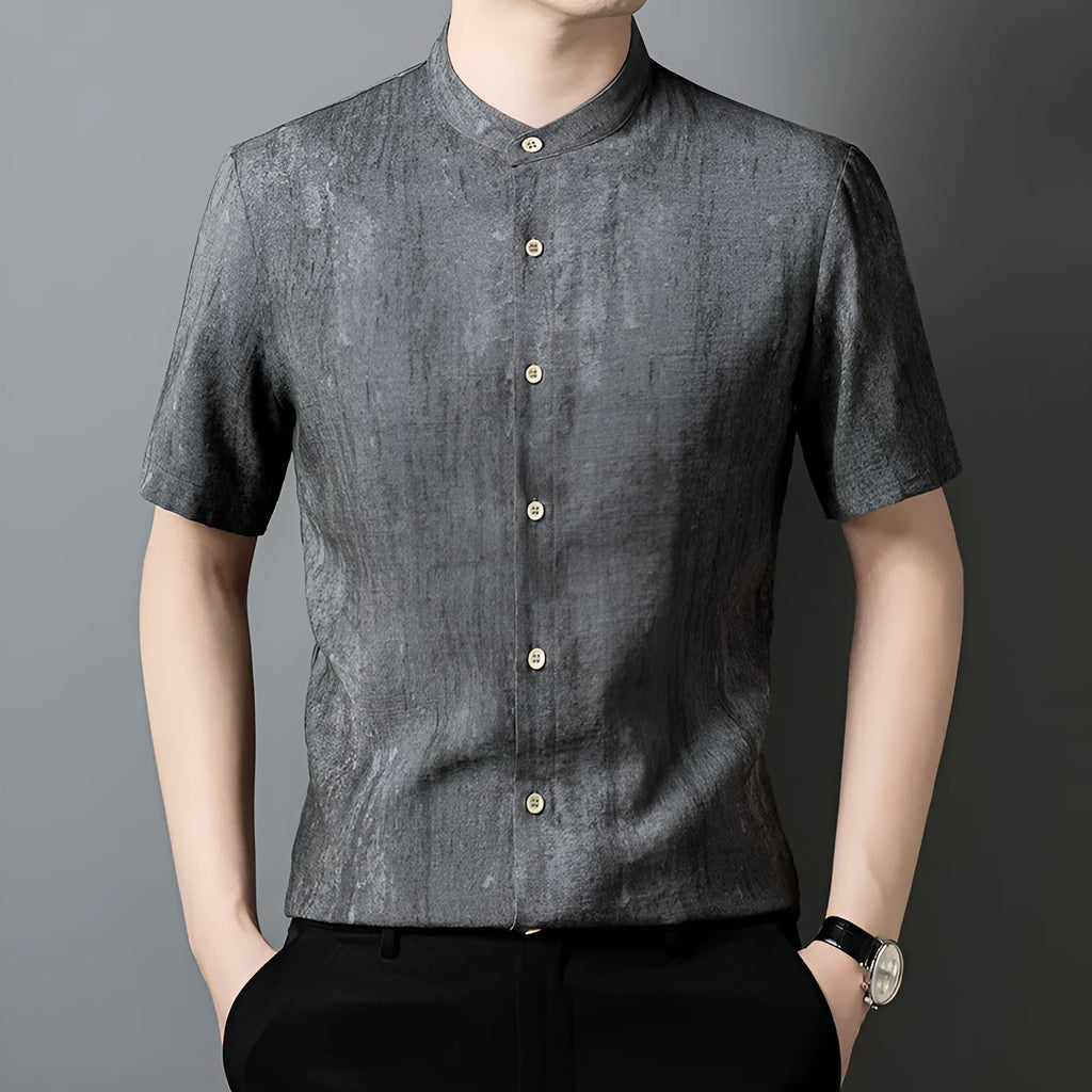 Men's loose fit short sleeve linen cardigan shirt with stand collar in black grey colour