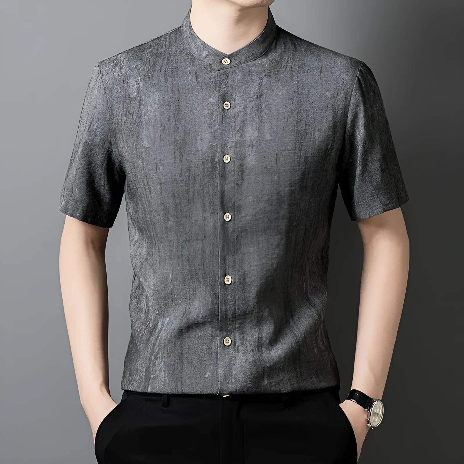 Men's loose fit short sleeve linen cardigan shirt with stand collar in black grey colour