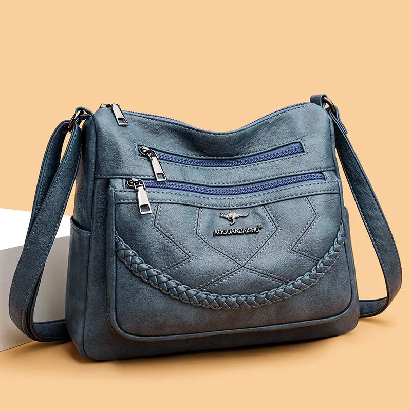 Soft PU leather women's shoulder bag in a horizontal square shape with a large capacity interior