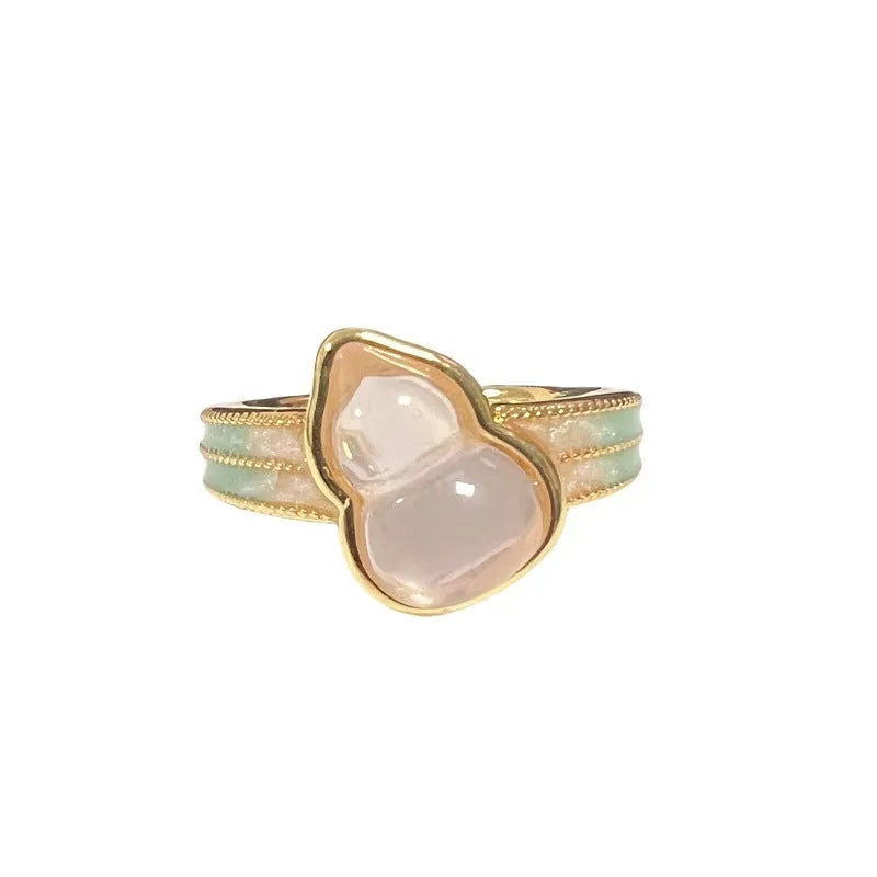 Vintage copper gourd ring with adjustable opening, flower and bow design, zircon inlay