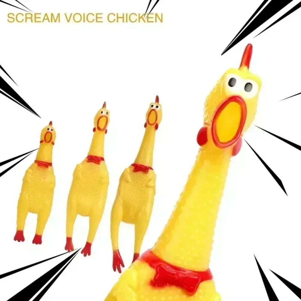 Yellow rubber squeaking chicken dog toy available in multiple sizes for pet chewing and play