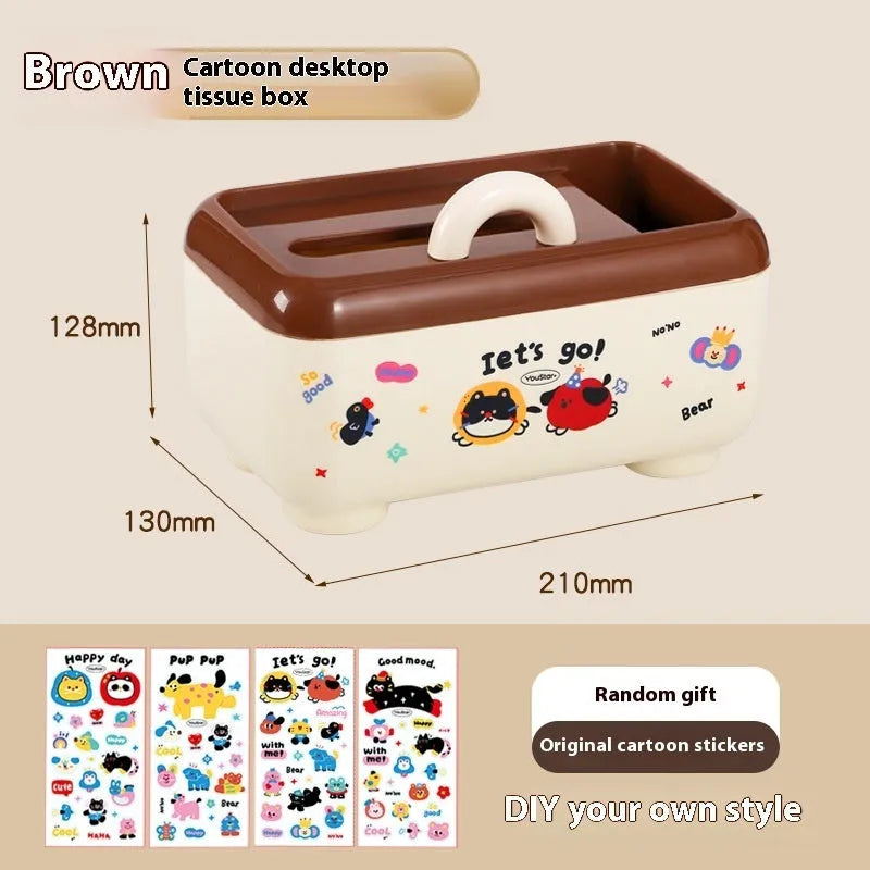 Cartoon style desktop storage set with plastic boxes, pen holder, and trash can in red or brown colours