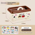 Cartoon style desktop storage set with plastic boxes, pen holder, and trash can in red or brown colours