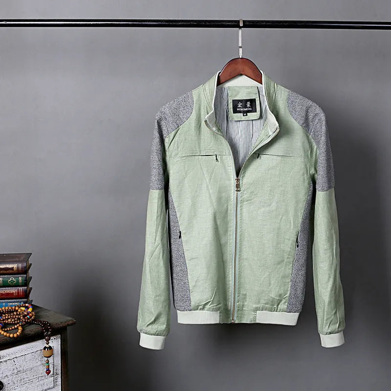 Men's thin blue cotton linen jacket in regular fit on a hanger.